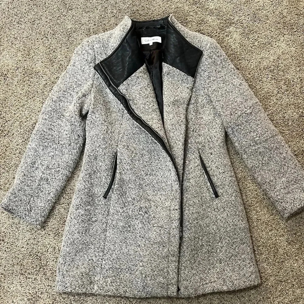 Calvin‎ Klein Womens Pea Coat Jacket Gray Wool Lined Tweed Twill Chic Overcoat M